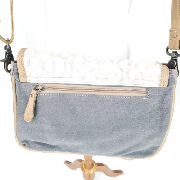 Myra Bag Glare Cowhide Upcycled Canvas Leather Messenger Crossbody Bag - Picture 5 of 16